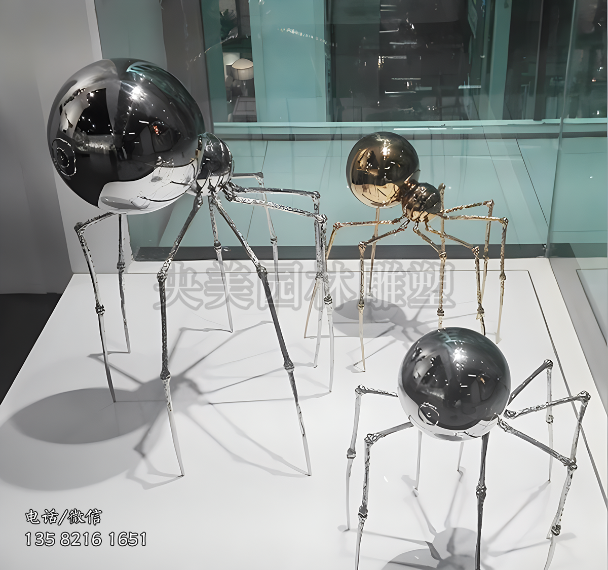 鏡面創意不銹鋼蜘蛛雕塑擺件